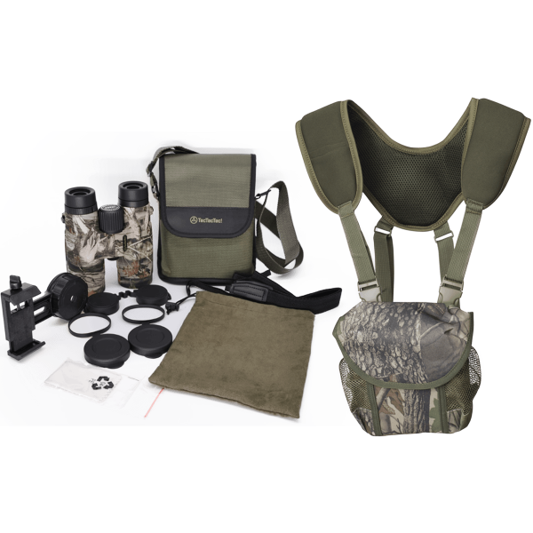 TecTecTec BPROWILD Bundle Camo high-definition optics BAK-4 FMC 42mm lenses Binoculars PROWILD BAG Designed for hunters with neoprene harness, neck strap, and extensions. Magnet closure and quick release clip-on buckles