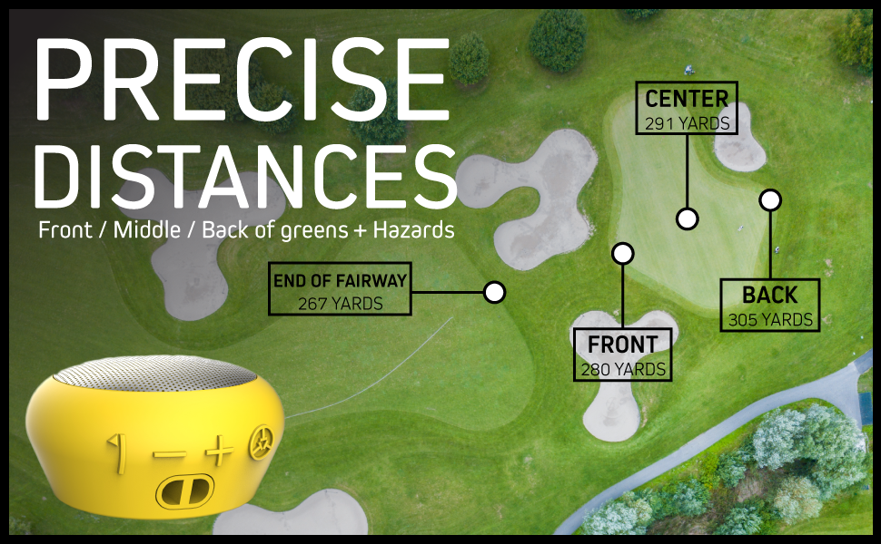 TEAM8 Golf GPS speaker provides accurate distances to the center, back front of the green and hazards.
